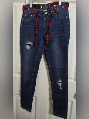 NWT Justice Girls Size 12 Distressed Skinny Jeans with Red Plaid Tie Belt